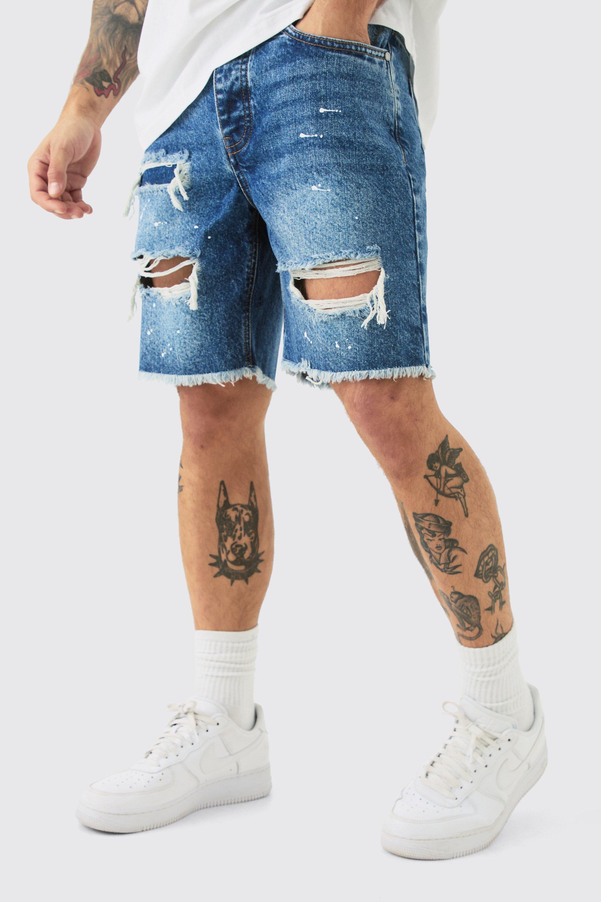 Slim Rigid Ripped Paint Splatter Denim Shorts In Light Blue